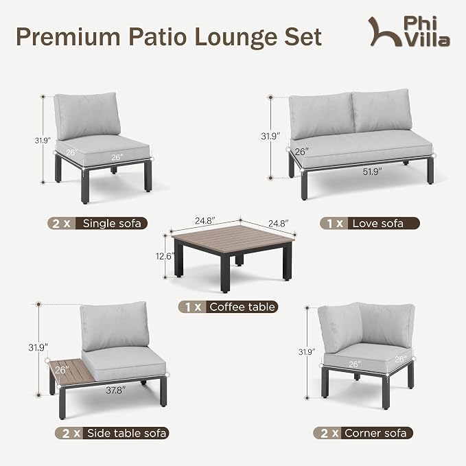 PHI VILLA 8 Pieces Outdoor Patio Furniture Set,Metal Frame Modern Outdoor Sectional Sofa Set,8 Seats with Umbrella Patio Conversation Sets,for Poolside and Backyard,Light Grey