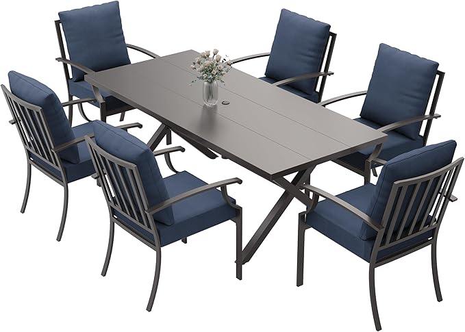 ALAULM 7-Piece Patio Dining Table and Chairs Outdoor Dining Set for 6 Patio Dining Sets with Rectangular Metal Table with Umbrella Hole for Patio, Backyard, Garden-DarkBlue