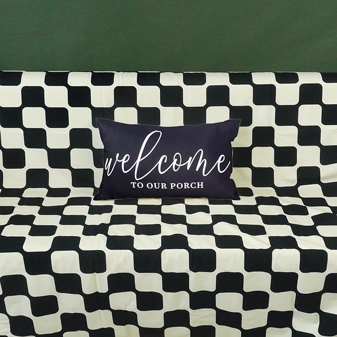 ONWAY Black Outdoor Welcome Throw Pillow Covers 12x20 Inch Waterproof Black and White Decorative Cushion Cover for Patio Furniture Garden Spring Summer Decor