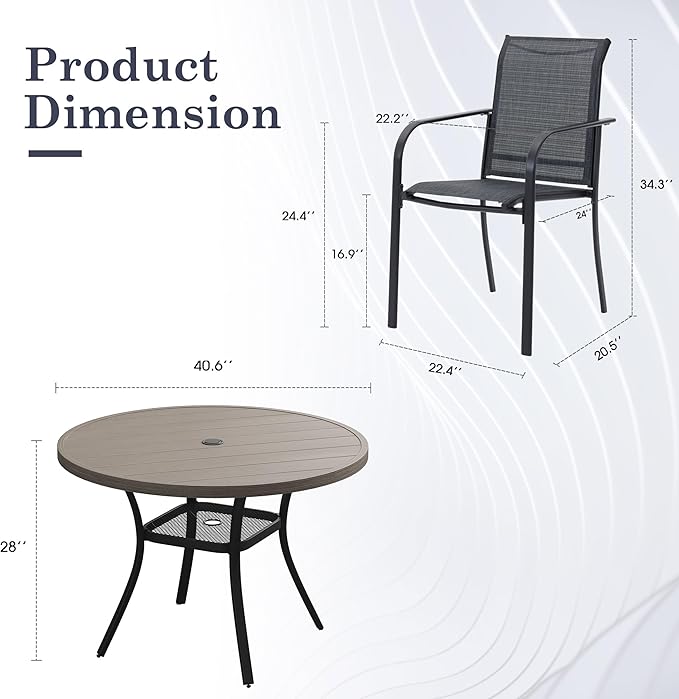 5 Pieces Outdoor Dining Set, Stackable Textilene Paito Chairs & 40.6" Round Dining Table with Umbrella Hole and Shelf, Patio Dining Set for Backyard, Deck, Garden, Grey