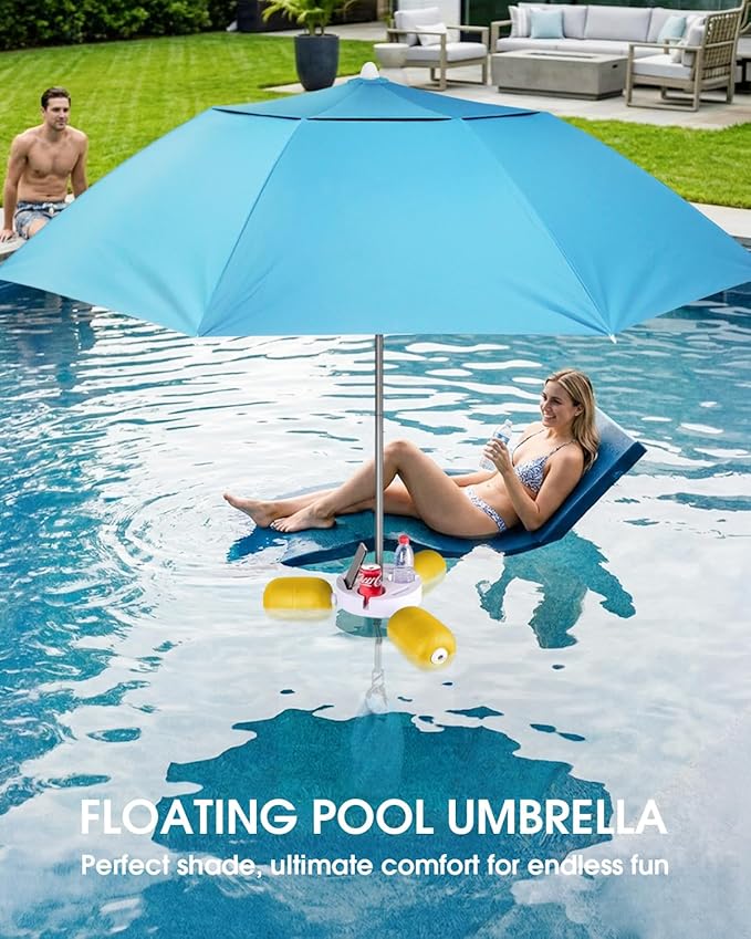 Floating Pool Umbrella 6.6ft - Portable UV Sun Shade Canopy with 3 Drink Holders, Stability Anchor Bag & Secure Floating Design - In-Water Use for Swimming Pools, Lakes, Beach and Outdoor Leisure