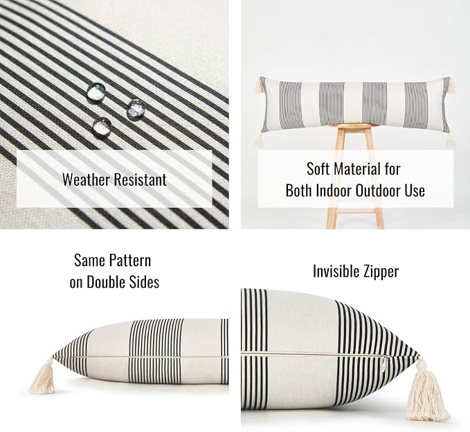 Hofdeco Modern Boho Moroccan Indoor Outdoor Body Lumbar Pillow Cover Only for Bed, Backyard, Couch, Sofa, Black White Stripe Tassels, 12"x40"