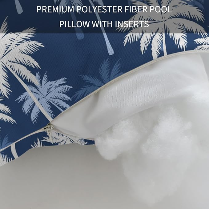 Tropical Palm Tree Outdoor Pillows for Chaise Lounge Chair Beach Headrest Pillow Set of 2 Waterproof Lumbar Pillows with Insert&Adjustable Strap Navy Blue White Plants Coastal Leaf Pool Pillow 11"x16"