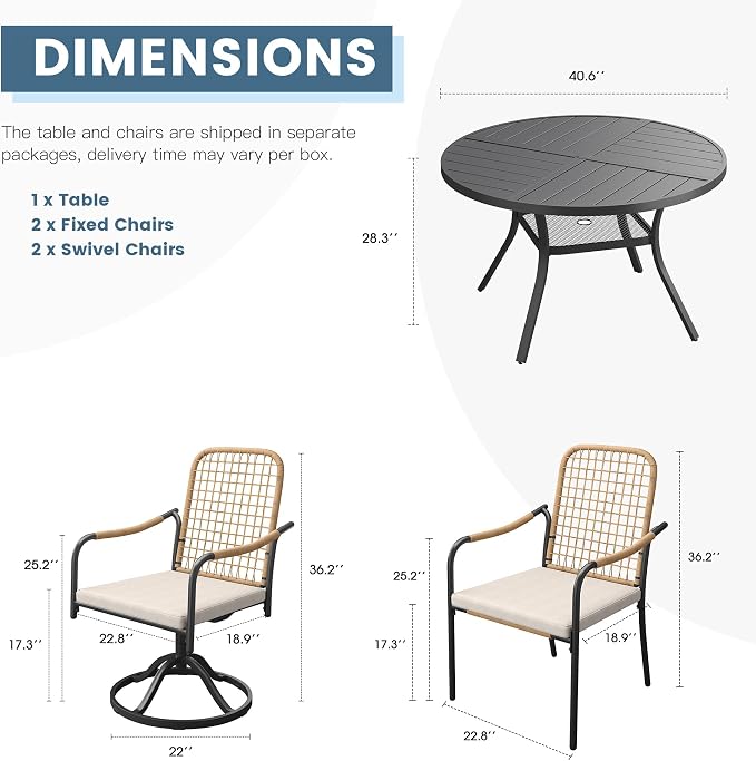 DIFY 5 Pieces Outdoor Dining Set for 4, 40.6" Black Round Metal Table with 2 Stackable Wicker Patio Chairs & 2 Swivel Chairs, Patio Furniture Set with Cushions and Umbrella Hole, Wheat Rattan