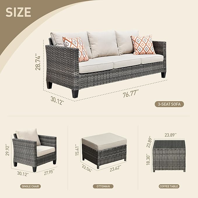 HOOOWOOO 6-Piece Patio Furniture Set–Stylish,Comfortable Outdoor Rattan Sofa Set with 2 Chairs,2 Ottoamns and Coffee Table,Weather-Resistant Patio Conversation Set for Deck,Garden,Balcony (Beige)