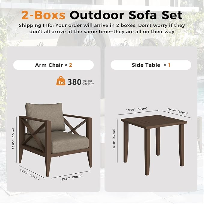Aluminum Patio Furniture Set, 3 Pieces Conversation Set with 5.2 Inch Cushions and Coffee Table, Outdoor Patio Sectional Sofa for Garden (Brown)
