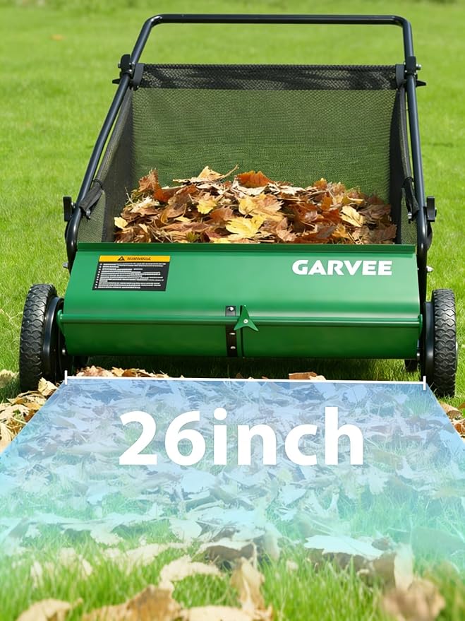 GarveeLife Push Lawn Sweeper, 26 Inch Extra-Wide 4-Brush System, 7 cu.ft. Mesh Bag, Heavy Duty Steel Frame, Height-Adjustable Yard & Garden Cleaner for Leaves and Grass