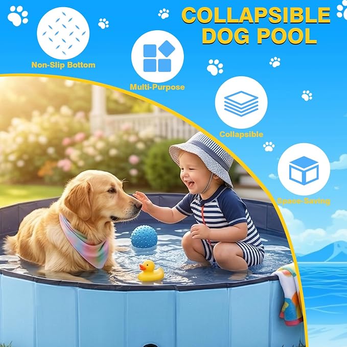 Eooqi Foldable Plastic Dog Pool, Collapsible Pet Bath Tub & Wading Pool, Portable Hard-Side Dog Swimming Pool for Outdoor & Backyard Use, Puppies, Small & Medium Dogs, Cats and Kids (Blus, 32"-S)