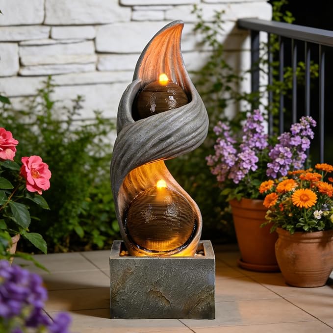 42.9"H Large Water Fountains Outdoor,Modern Spiral Water Fountain Outdoor with Dual Spheres Zen Water Feature Floor Fountain with Light LED Waterfall for Outside Deck, Patio, Porch, Garden, Yard Decor