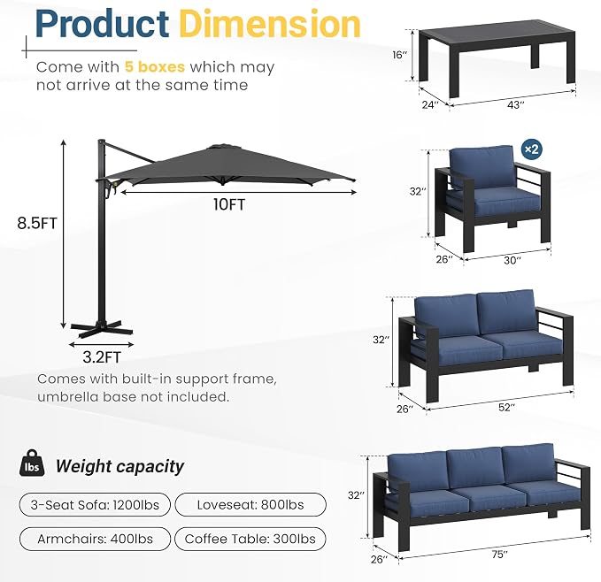 Wisteria Lane 6 Pieces Aluminum Patio Furniture Set with Umbrella, All Weather Oversized Outdoor Furniture Set with Deep Seat and Back Cushion, Patio Conversation Sets with Wide armrest, Blue & Gray