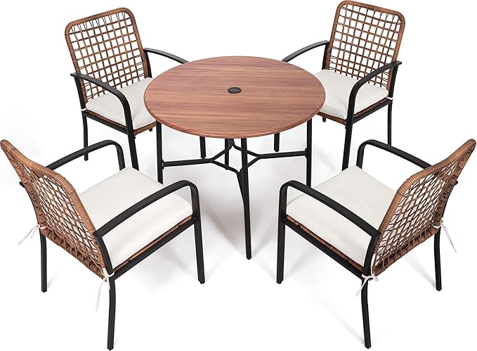 5 Pieces Patio Dining Set, Outdoor Dining Set with Handwoven Wicker Chairs & Wood Grain Table, Patio Table and Chairs Set with Cushions, Outdoor Table and Chairs for Garden