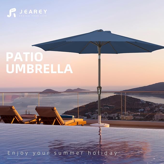 JEAREY 9FT Outdoor Patio Umbrella Outdoor Table Umbrella with Push Button Tilt and Crank, Market Umbrella 8 Sturdy Ribs UV Protection Waterproof for Pool, Deck, Backyard, Garden (Blue)