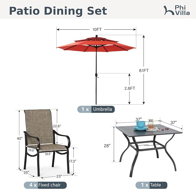 PHI VILLA 6 Pcs Patio Dining Set with 10ft Umbrella for 4, Mesh Chairs | 37" square metal table, 4 high-back textilene chairs, 10ft red umbrella for outdoor, deck, lawn. Rust-resistant, easy-clean