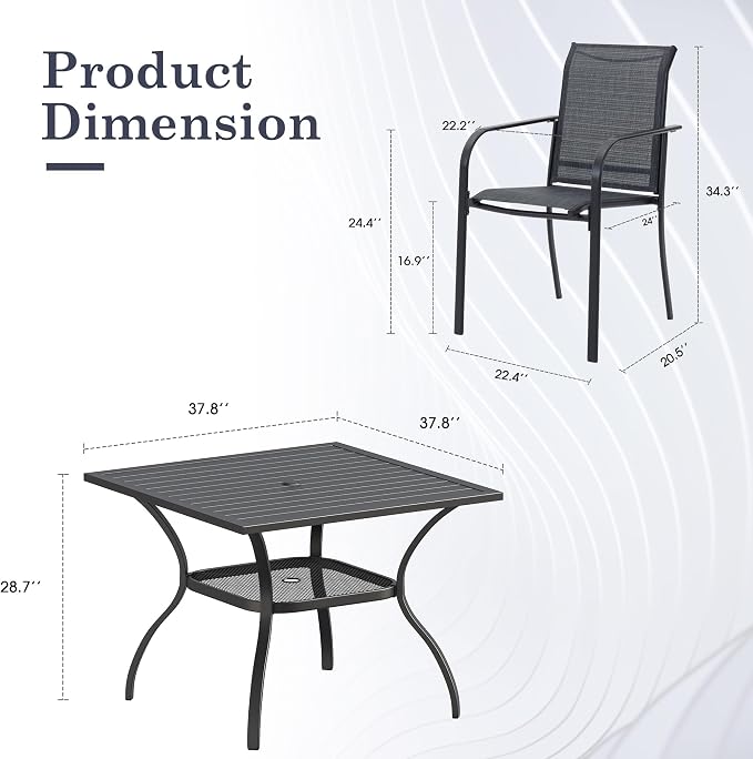 5 Pieces Outdoor Dining Set, Stackable Textilene Paito Chairs & 37.8" Square Dining Table with Umbrella Hole and Shelf, Patio Dining Set for Backyard, Deck, Garden, Grey & Black