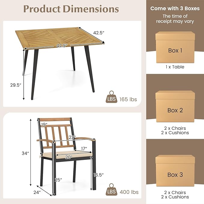 Tangkula 5 Pieces Patio Dining Set, Outdoor Dining Table and Chairs with Cushions, 42.5” Square Acacia Wood Dining Table with 1.9” Umbrella Hole, Outdoor Furniture Set for Backyard, Garden, Poolside