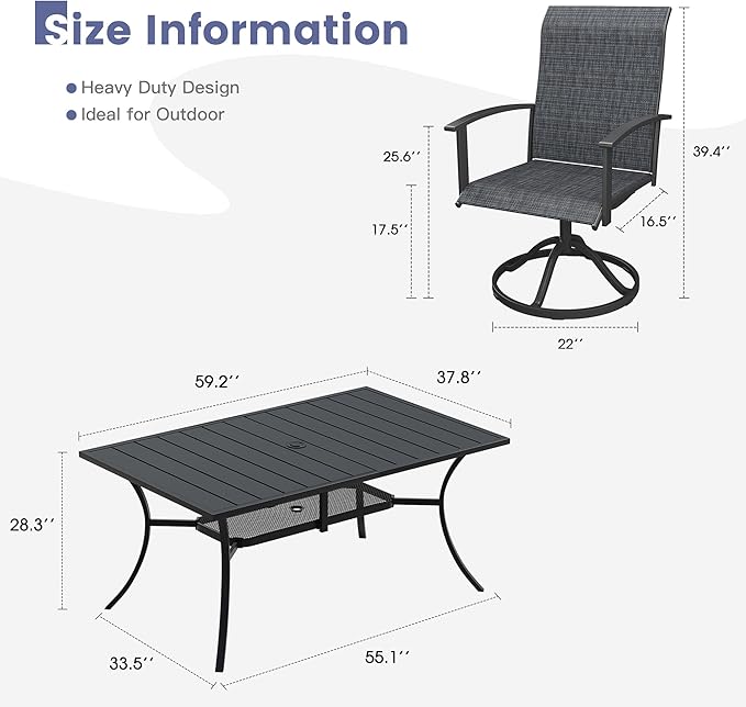VICLLAX Outdoor Table and Chairs Set for 6, Patio Dining Set of 59 Metal Rectangle Patio Table with Umbrella Hole & 6 Swivel Outdoor Dining Chairs for Backyard Lawn, Charcoal & Black