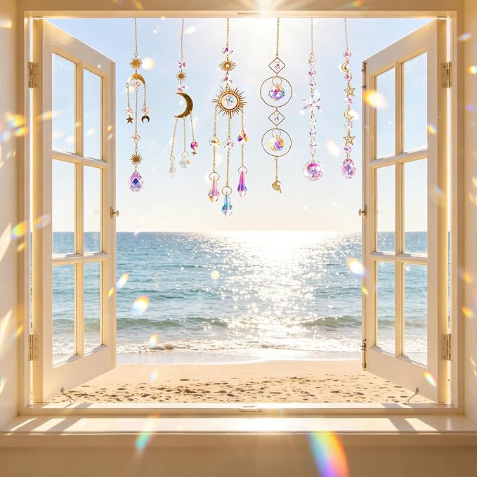 6 Pack Crystal Suncatchers for Window, Rainbow Prism Hanging Decor | Sun Catchers Indoor Hanging Decor with Sun Moon Star Charms, Sparkly Window Ornaments for Home, Office, Garden, Wedding Gift