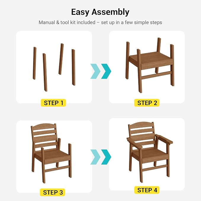HDPE Outdoor Dining Chairs Set of 2 | Weather Resistant Patio Stackable Chairs for Garden, Backyard, Lawn and Poolside, Teak
