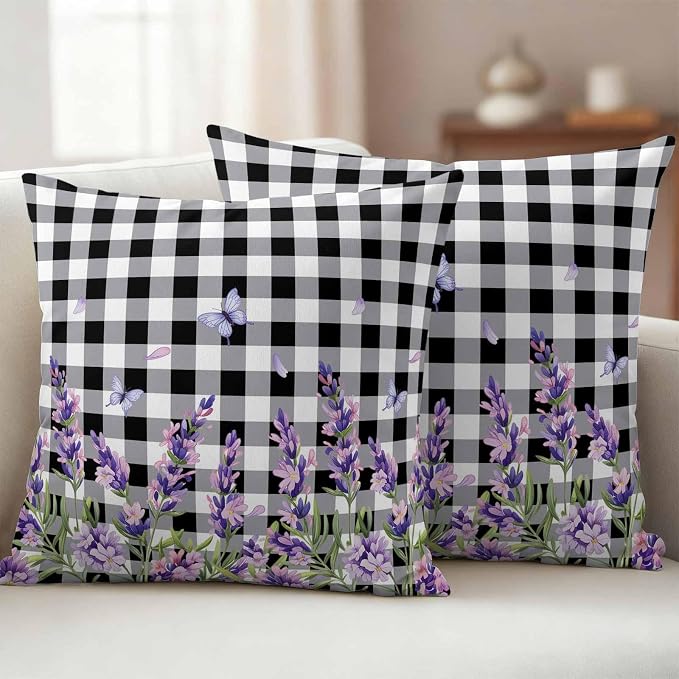 Lavender Floral Outdoor Waterproof Pillow Covers, Purple Flowers Butterfly Black Gray Plaid Decorative Square Throw Pillowcase Sofa Cushion Sham for Patio/Couch/Chair, 26"x26" 2 Pack