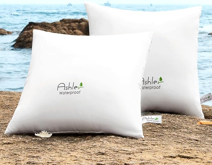 Ashler Home Deco Outdoor Pillow Inserts 20x20 Pack of 2, Waterproof Pillows Decorative for Couch, Hypoallergenic Pillow Square Lumbar Pillow Form for Bedding Couch,White