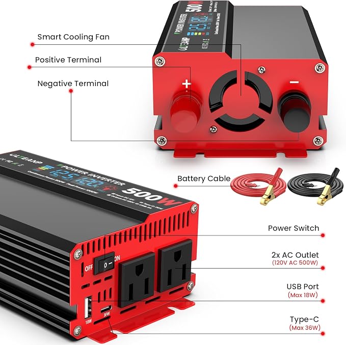 OLTEANP 500 Watt Power Inverter 12V DC to 110V/120V AC Inverter with LCD Screen Display, 2 AC Outlets, 36W Type-C Port, 5V/3A USB Port, Car Power Converter for Truck, Home, Vehicles, Laptop, Trip