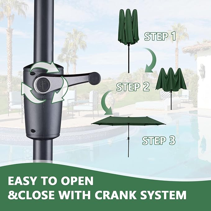 13Ft Large Patio Umbrella with Base Outdoor Double-Sided Market Extra Large Table Umbrella Easy Crank for Yard, Poolside, Deck-Green