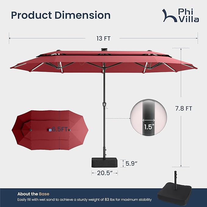 PHI VILLA 13ft Patio Umbrella with 120 PCS Solar-Powered LED Color-Changing Lights, 2-Tier Double-Sided Large Rectanglular Umbrella with Base Included, Wine Red