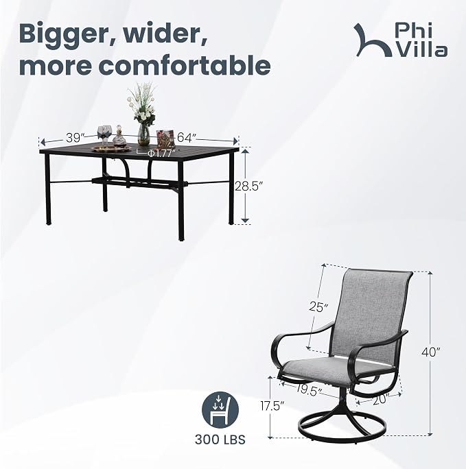 PHI VILLA 7 Piece Outdoor Patio Dining Set, 6 Swivel Patio Chairs & 1 Rectangular Large Metal Table, All Weather Dining Furniture Set for Lawn Garden (Gray)