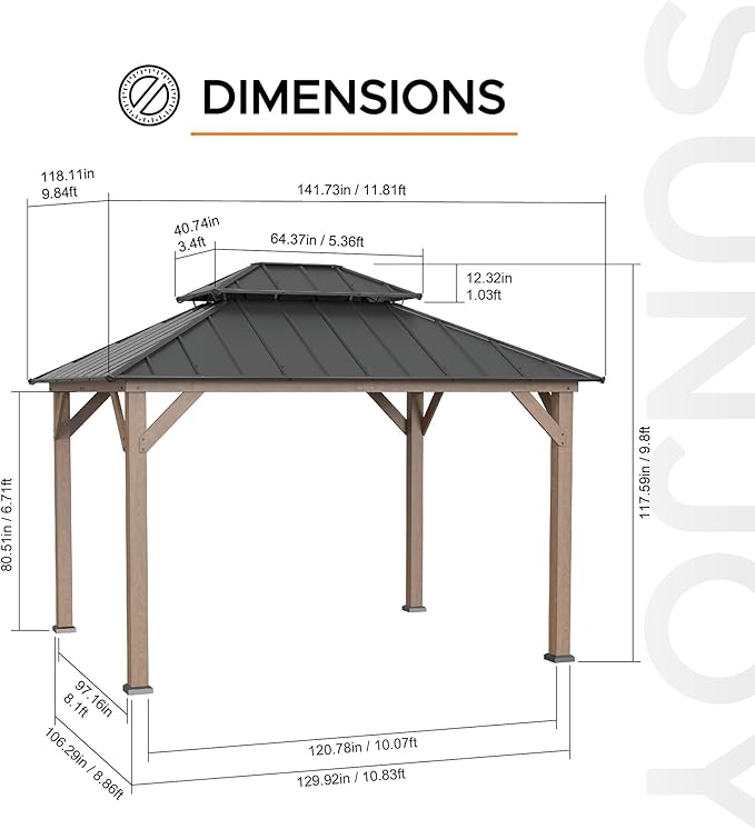 Sunjoy 10 x 12 ft. Wood Gazebo, Outdoor Patio Steel Hardtop Gazebo, Cedar Framed Wooden Gazebo with 2-Tier Metal Roof, Suitable for Patios, Lawn and Backyard, Matte Black Roof + Gray Wood Frame