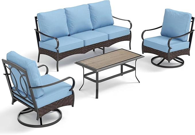 PHI VILLA Outdoor Modern Patio Furniture Set, Upgraded Wicker & Metal Patio Furniture Conversation Set with Waterproof Thick Cushions for Porch, Poolside, Yard (4 Pieces,Blue)