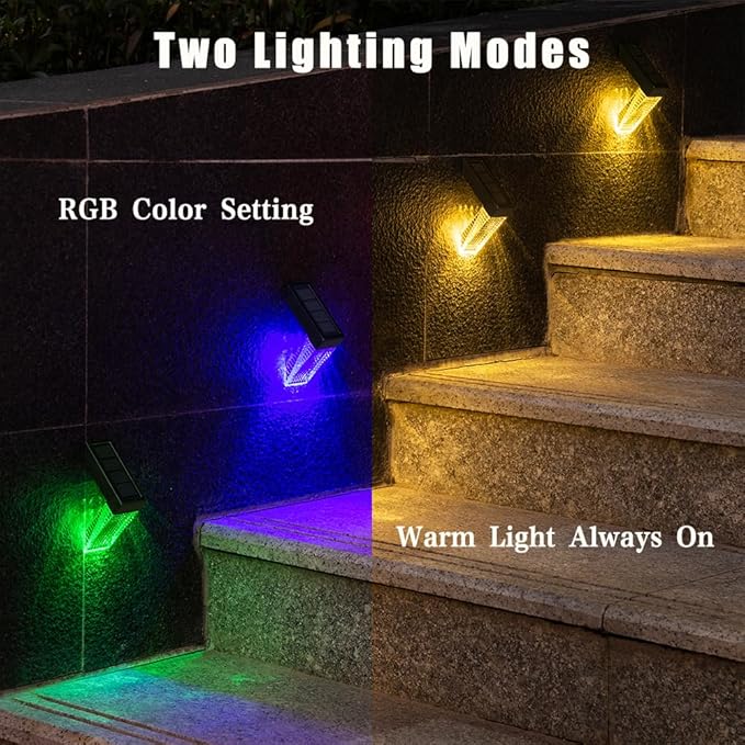 Upgraded Wireless Solar Step Lights. 5X Longer Life Than Ordinary. Strong 3M Adhesive + Screws. IP65 Waterproof for Stairs/Decks/patios. Reliable Performance(Warm & RGB Changing)