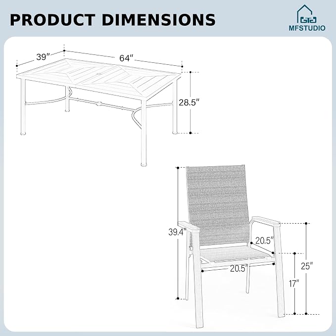 MFSTUDIO 7 PCS Patio Dining Set with 6 Stacking Aluminum Armchair(Blue) and 64" Rectangular Heavy Duty Table