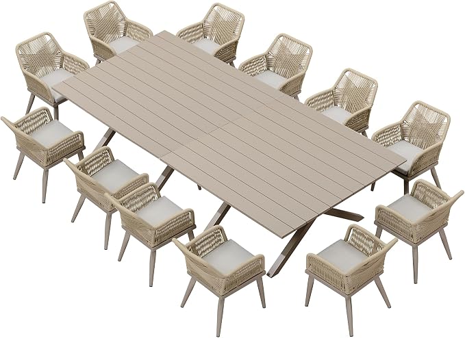 PURPLE LEAF 14 Pieces Outdoor Patio Dining Set All-Weather PE Rattan Furniture Set with All Aluminum Frame Rectangular Table and Chairs Set for 12 People Lawn Garden Backyard Deck, Champagne