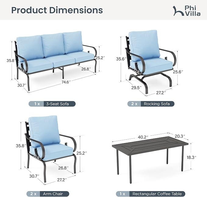 PHI VILLA Patio Furniture Set, 3-Seater Sofa, 2 Fixed Chairs, 2 Rocking Chairs and a Coffee Table, Outdoor Metal Conversation Set with 5.75" Extra Thick Cushion for Garden Backyard Deck, Blue