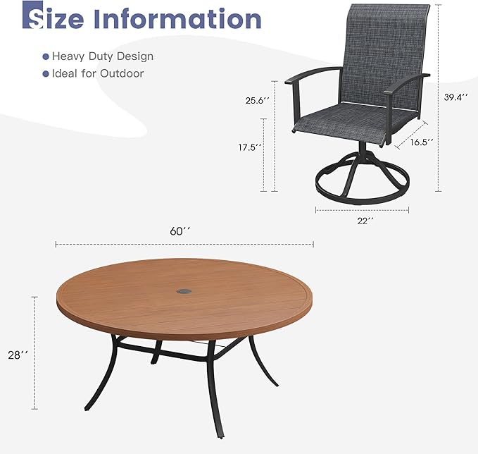 VICLLAX Outdoor Table and Chairs Set for 8, Patio Dining Set of 60 Metal Round Patio Table with Umbrella Hole & 8 Swivel Outdoor Dining Chairs for Backyard Lawn, Charcoal & Walnut