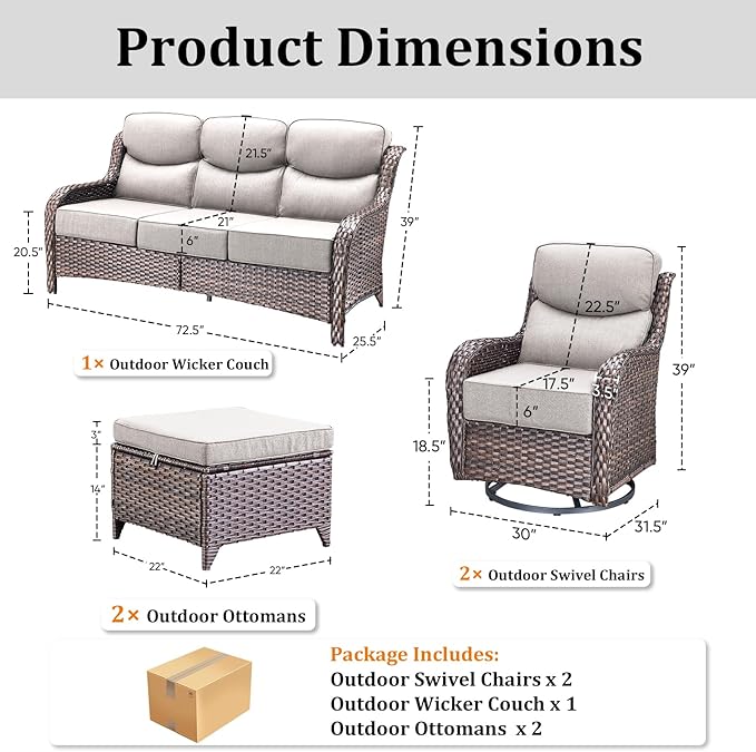 Luxury High Back Patio Furniture Set with 6-Inch Thick Cushions, 5-Pieces Outdoor Furniture with Swivel Chairs, Wicker Conversation Set for Porch, Balcony, Deck and Yard, Brown/Beige