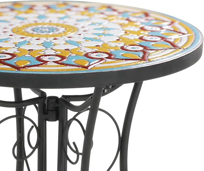 Outdoor Metal Side Table with Ceramic Tile Top Mosaic Patio Side Table and Plant Stand Tables, Round Side End Tables for Yard Porch Balcony Garden Bedside, Daisy Yellow