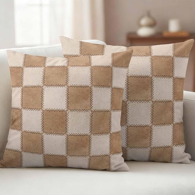 Brown Beige Checkered Outdoor Pillow Covers 20x20 Inch Throw Pillow Covers Set of 2 Waterproof Decorative Pillow Cases Modern Farmhouse Plaid Burlap Cushion Covers for Patio Furniture Garden Couch