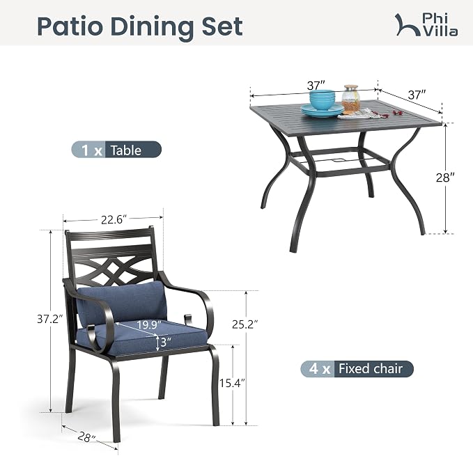 PHI VILLA Patio Dining Set, 37" Square Metal Table | Metal chairs, Blue, Umbrella Hole, Cushions, E-coated