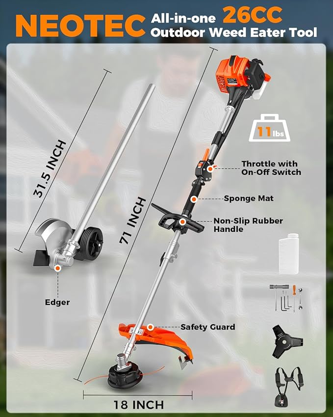 NEO-TEC 26cc 3-in-1 Gas String Trimmer & Lawn Edger Powerful 2-Cycle Weed Eater, Lightweight Weed Wacker & Brush Cutter Quick-Start Gas Powered Trimmer,16" Lightweight Yard Tool with Shoulder Strap