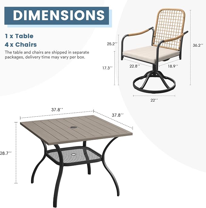 DIFY 5 Pieces Outdoor Dining Set, Metal Patio Table and Chairs Set for 4, 37.8" Square Dining Table with Umbrella Hole & Wicker Swivel Patio Chairs with Cushions, Grey Wood-Like Tabletop