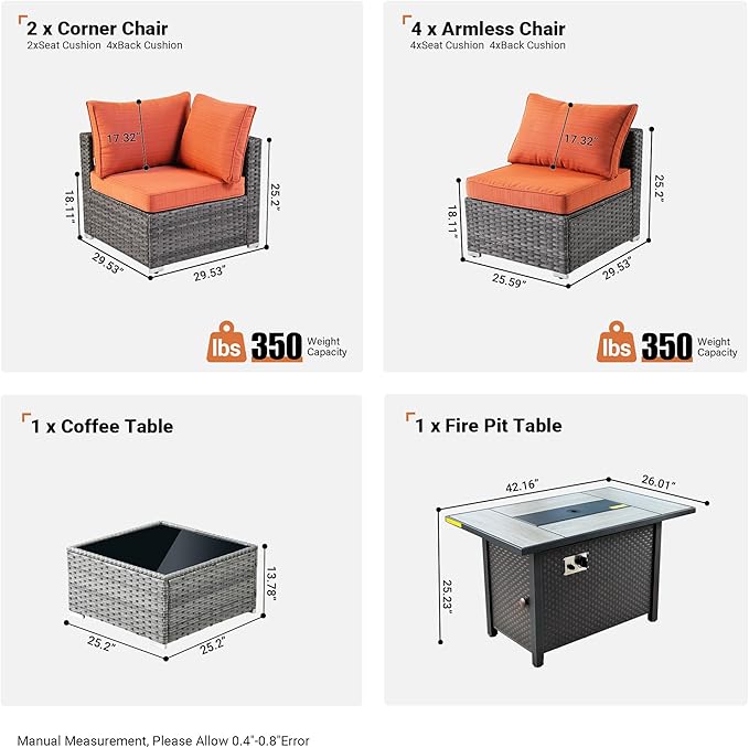 ovios Outdoor 8 Piece Patio Furniture Set with Fire Pit Table,Conversation Sectional Wicker Couch with Coffee Table,Modern Outside Sofa for Balcony Backyard, Orange