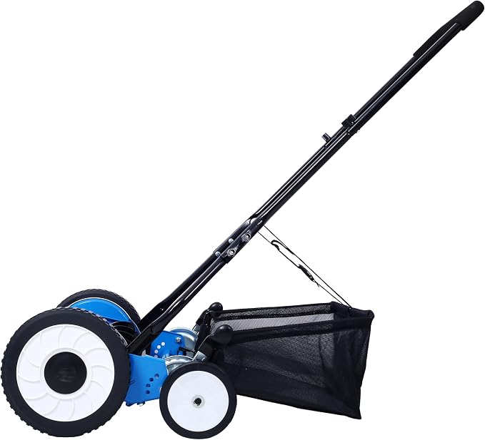20-Inch 5-Blade Push Reel Lawn Mower with Grass Catcher, Adjustable Blade Height (Blue/20-Inch)