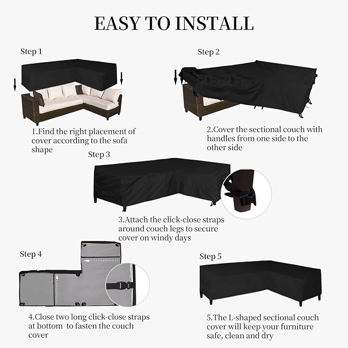 Easy-Going Patio L-Shaped Sectional Sofa Cover, 104"X83" Waterproof Outdoor Sectional Cover, Heavy Duty Garden Furniture Cover with Air Vent (Right Facing, Black)