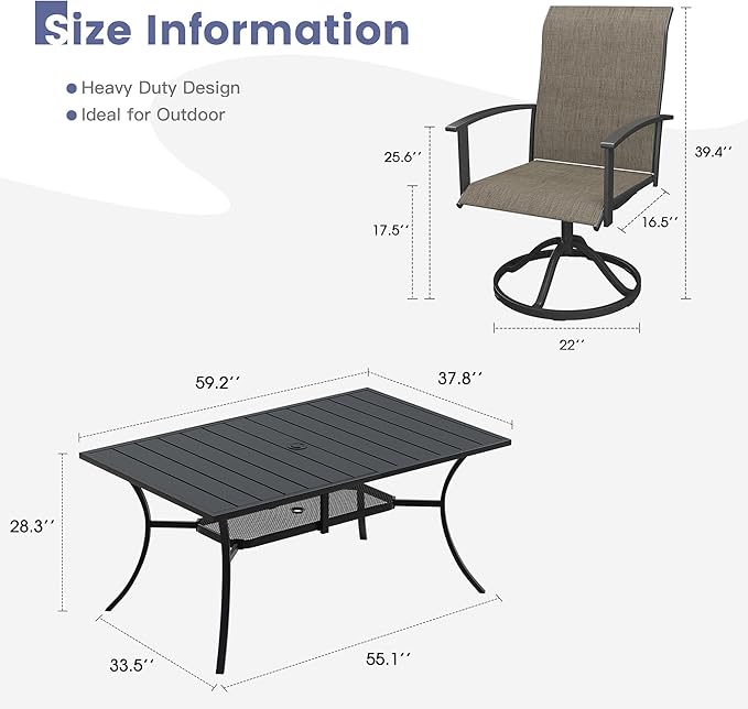 VICLLAX Outdoor Table and Chairs Set for 8, Patio Dining Set of 60" Metal Round Patio Table with Umbrella Hole & 8 Swivel Outdoor Dining Chairs for Backyard Lawn, Grey & Antique Grey