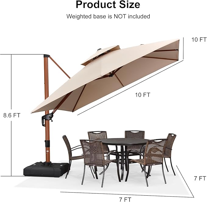 PURPLE LEAF 10ft Patio Umbrella with Base Outdoor Square Umbrella Large Cantilever Umbrellas Windproof Offset Heavy Duty Sun Umbrellas for Garden Deck Pool Patio, Beige