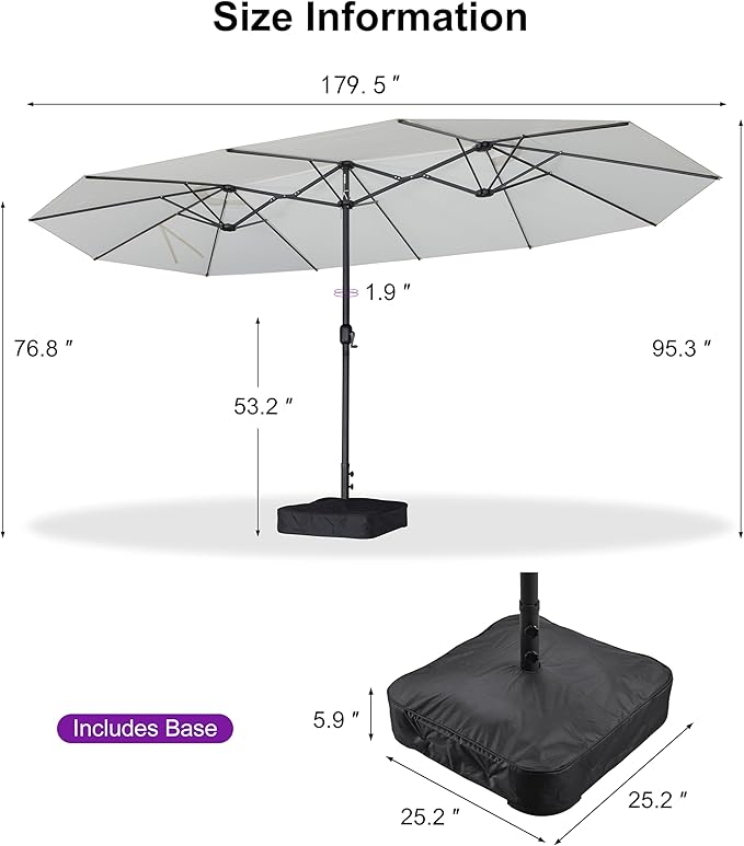 PURPLE LEAF 15ft Patio Market Umbrella with Base Double-Sided Rectangle Outdoor Table Sun Umbrellas with Crank 12 Heavy Duty Sturdy Ribs for Pool Beach Deck Backyard Cream