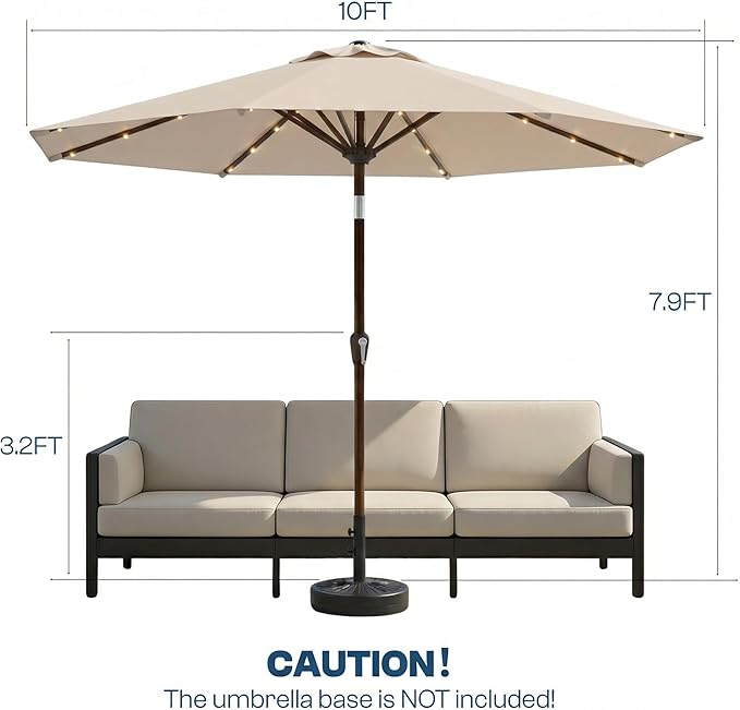 10FT Solar Patio Umbrella with Lights, Outdoor Table Market Umbrella with 32 LED Lights, 8 Sturdy Ribs, Push Button Tilt and Crank for Pool, Deck and Garden, UV-Resistant