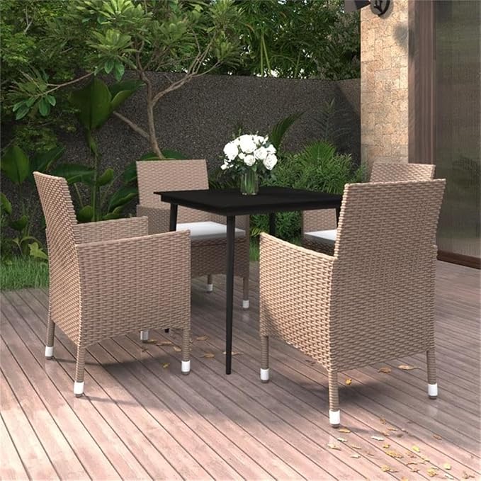 Afuera Living Contemporary PE Rattan Patio Dining Set, Beige Finish, 5-Piece Weather-Resistant Outdoor Furniture with Cushioned Seats, Square Table and 4 Chairs, Modern Garden or Balcony Use