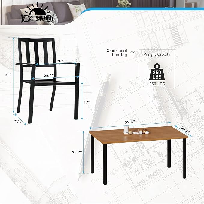 SUNSHINE VALLEY Patio Dining Set,Wood-Like Metal Table w/Umbrella Hole | 60x36 Table&6 Pcs Rust-Proof Stackable Chairs, Outdoor Table and Chairs Set for Backyard Garden Deck